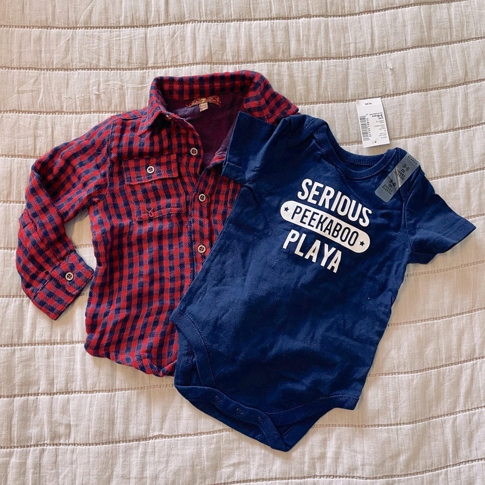 7 for all mankind shirt and Carter’s sleeper plaid